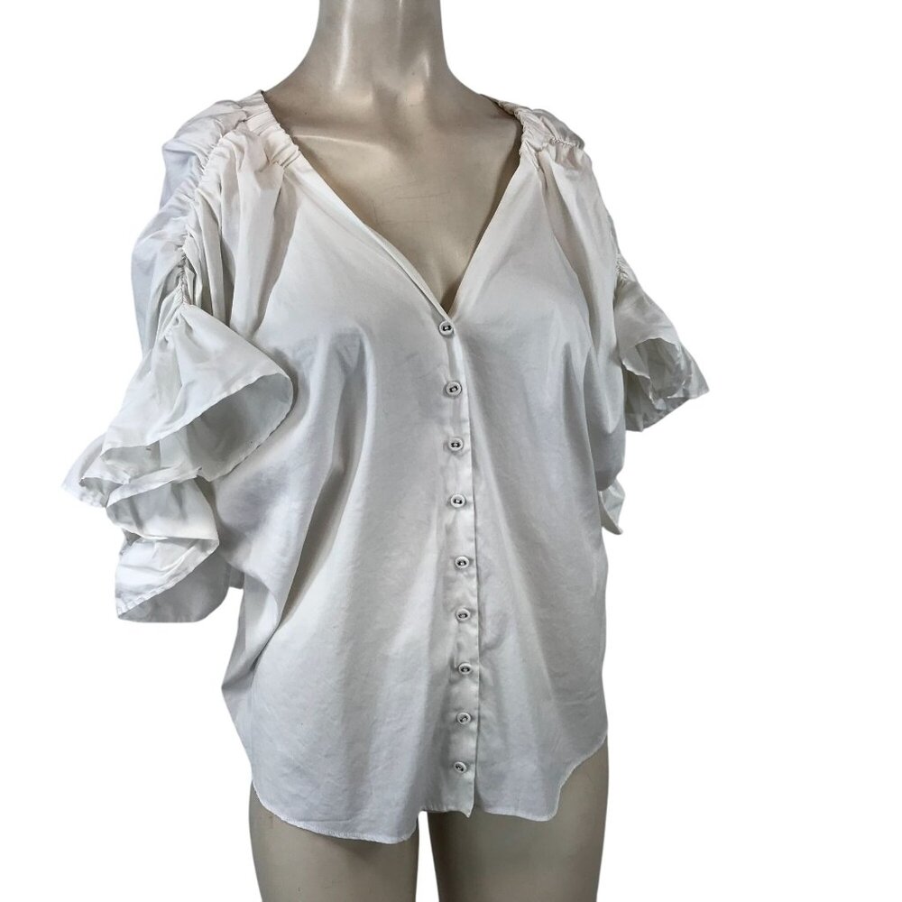 DOUBLE STANDARD CLOTHING -WOMEN'S 36 - WHITE SHORT RUFFLE SLEEVE V NECK TOP